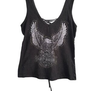 Vintage Harley-Davidson Vintage Black & Silver Lace Up Grommet Eagle Tank Medium